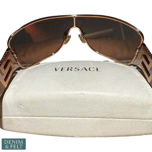 Versace 2072-B 1052/13 Shield Sunglasses Brown Gold Greca Logo Italy 120mm - Picture 8 of 15